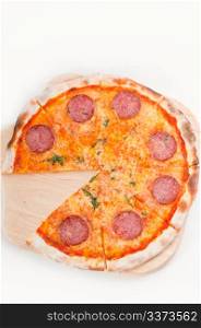 Italian original thin crust pepperoni pizza isolated on white