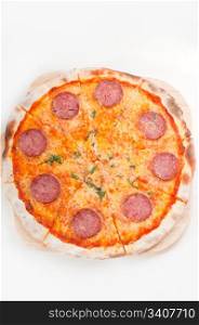 Italian original thin crust pepperoni pizza isolated on white