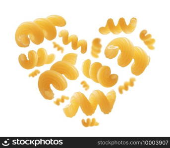 Italian pasta in the shape of a heart on a white background.. Italian pasta in the shape of a heart on a white background