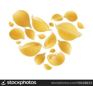 Italian pasta in the shape of a heart on a white background.. Italian pasta in the shape of a heart on a white background