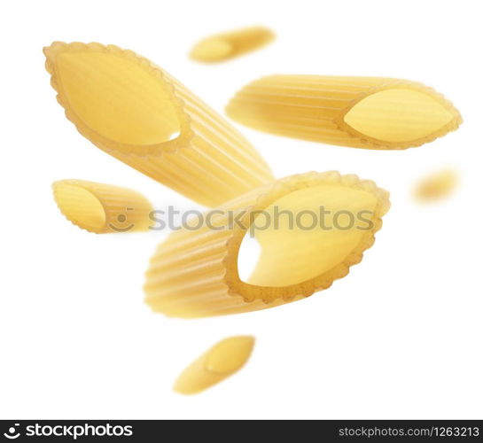 Italian pasta levitating on a white background.. Italian pasta levitating on a white background