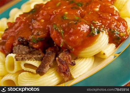 italian pasta pipe rigate with marinara or meat sauces, and beef