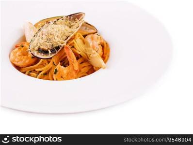 Italian Pasta with seafood isolated on white