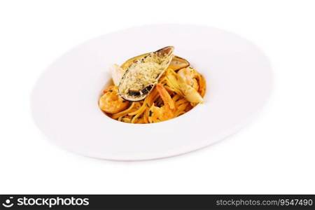 Italian Pasta with seafood isolated on white