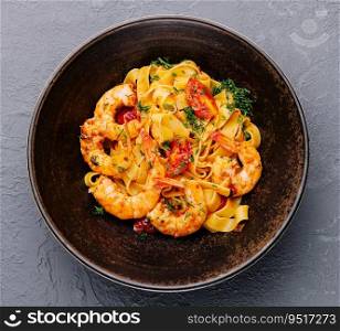 Italian pasta with shrimps in bowl