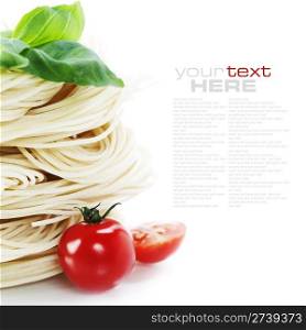 Italian Pasta with tomatoes and basil on a white background with sample text