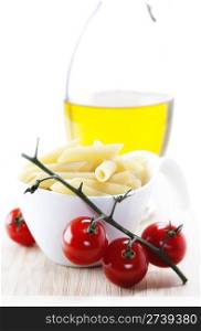 Italian Pasta with tomatoes and olive oil over white