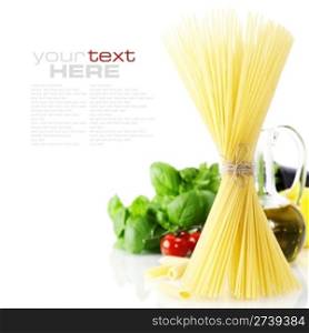 Italian Pasta with tomatoes, olive oil and basil on a white background (with space for text)