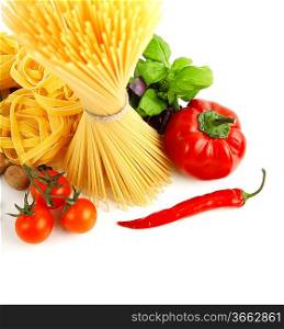 Italian Pasta with tomatoes, paprika and basil isolated on white.