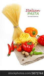 Italian Pasta with tomatoes, paprika and basil isolated on white.