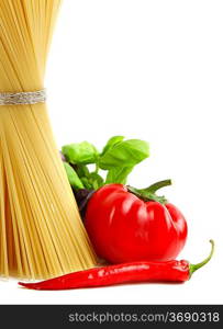 Italian Pasta with tomatoes, paprika and basil isolated on white.