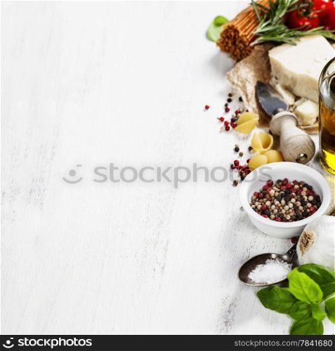 italian pasta with vegetables, herbs, spices, cheese and olive oil