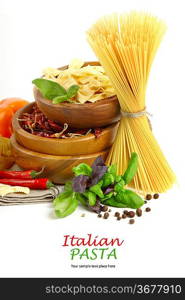 Italian Pasta with vegetables in wooden plate isolated on white.