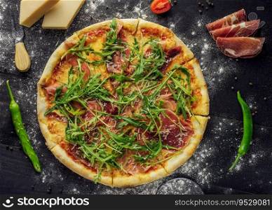Italian pizza. prosciutto di parma. top view