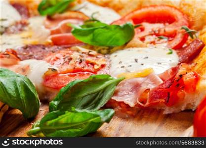 Italian pizza served on wooden table