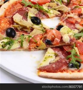 Italian pizza with cheese and olives macro