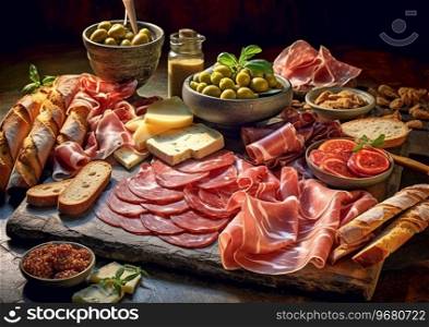 Italian prosciutto ham,parma ham, salami,beef olives and breadstick on dark background.AI Generative