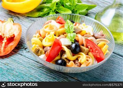 Italian salad with pasta and fried vegetables. Healthy Pasta Salad