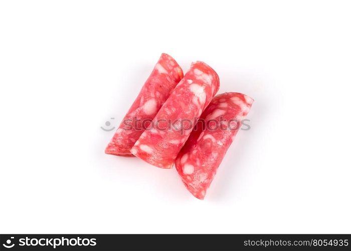 Italian salami sausage slices isolated on white background