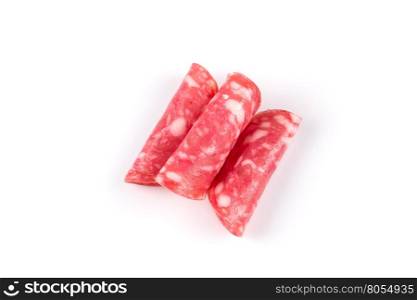Italian salami sausage slices isolated on white background