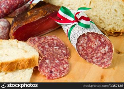 Italian salami with bread and rosemary