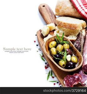 Italian salami with olives and ciabatta on white background (with easy removable sample text)