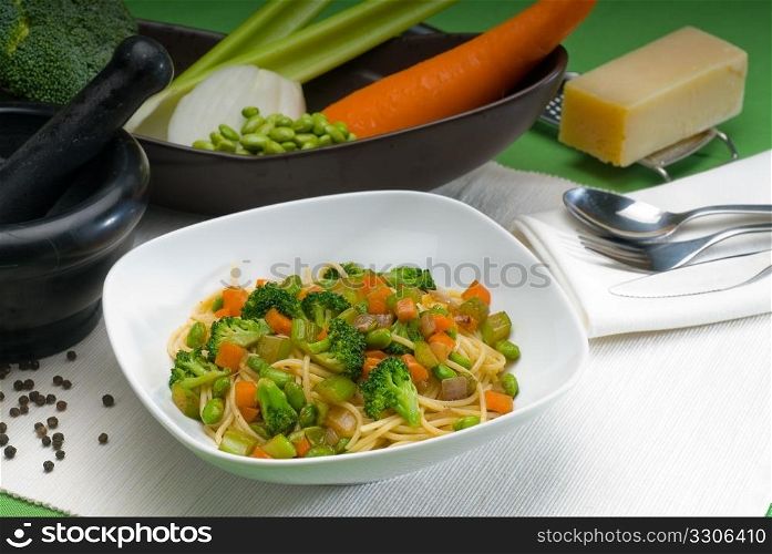 italian spaghetti pasta with fresh homemade vegetable sauce