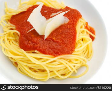 Italian spaghetti topped with bolognaise, or bolognese, sauce with tomatoes, meat and cheese on a plain white plate