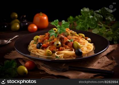 Italian spaghetti vegetables olives. Vegetable basil. Generate Ai. Italian spaghetti vegetables olives. Generate Ai