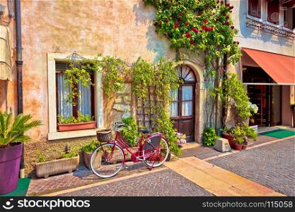 Italian street old architecture in Lazise, town on Garda lake in Veneto region of Italy