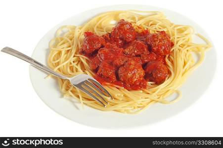 Italian-style meatballs in tomato sauce served with boiled spaghetti.
