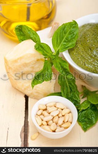 Italian traditional basil pesto sauce ingredients on a rustic table