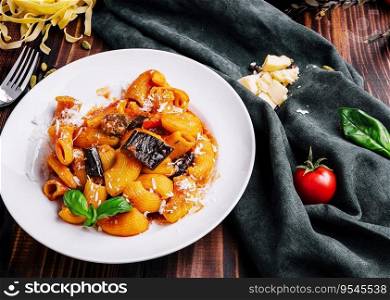 Italian traditional pasta with eggplant, tomato and cheese