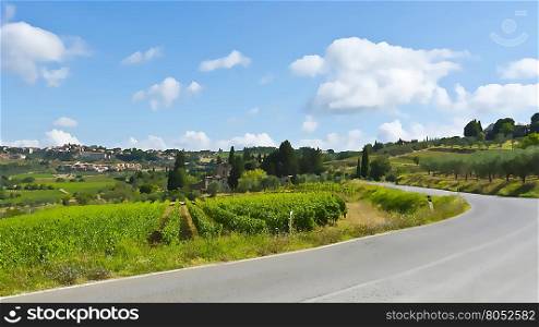 Italian Village near the Road Surrounded by Vineyards and Olive Groves, Stylized Photo