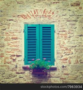 Italian Window with Closed Wooden Shutters, Decorated With Fresh Flowers, Instagram Effect