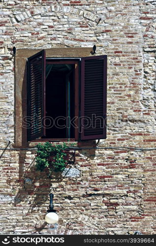 Italian Window with Open Wooden Shutters, Decorated With Fresh Flowers, Vintage Style Toned Picture