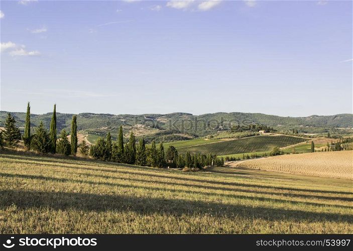 Italian wine farm surrounded with plowed sloping hills of Tuscany in the autumn. Rural landscape with vineyard, olive trees and fields after harvest.