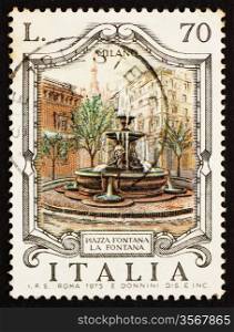 ITALY - CIRCA 1975: a stamp printed in the Italy shows Piazza Fontana, Milan, Italy, circa 1975
