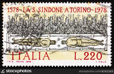 ITALY - CIRCA 1978: a stamp printed in the Italy shows Holy Shroud of Turin, by Giovanni Testa, 400th Anniversary of the Transfer of the Holy Shroud from Savoy to Turin, circa 1978