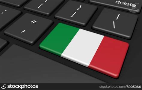 Italy digitalization and use of digital technologies concept with the Italian flag on a computer key.