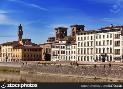Italy. Florence. Ancient houses on Arno River Embankment