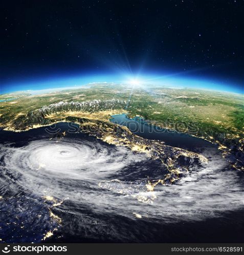 Italy map cyclone. 3d rendering. Italy map cyclone. Elements of this image furnished by NASA. 3d rendering. Italy map cyclone. 3d rendering