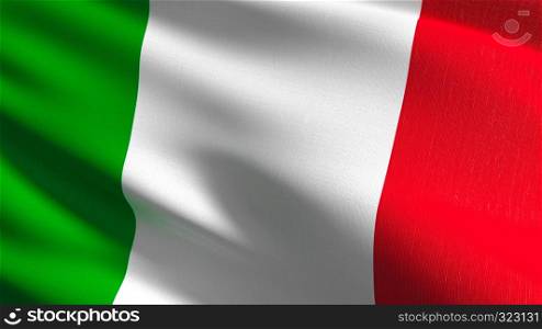 Italy national flag blowing in the wind isolated. Official patriotic abstract design. 3D rendering illustration of waving sign symbol.