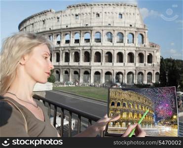 Italy. Rome. The woman draws the Colosseum.