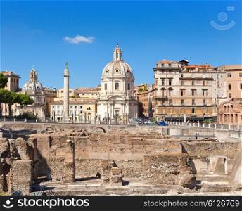 Italy. Rome. Trojan column, churches of Santa Maria di Loreto and ruins of a forum of Trajan