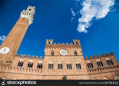 Italy, Siena, Piazza del Campo. Detail of Torre del Mangia, 700 years old