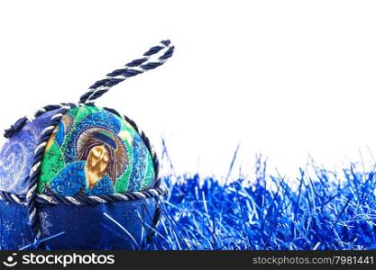 Italy. Traditional handmade Christmas ball made of white and blue fabric