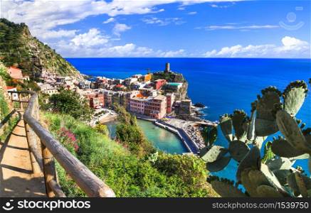 Italy travel and landmarks - wonderful Vernazza traditional fishing village in Liguria coast.Famous