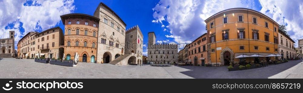 Italy travel and lanmarks. Historic medieval town Todi in Umbria. Panorama 360 degree of  wonderful square "Piazza del poppolo" in the center. 11.07.2022