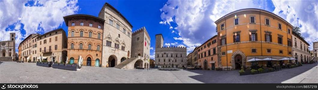 Italy travel and lanmarks. Historic medieval town Todi in Umbria. Panorama 360 degree of  wonderful square "Piazza del poppolo" in the center. 11.07.2022